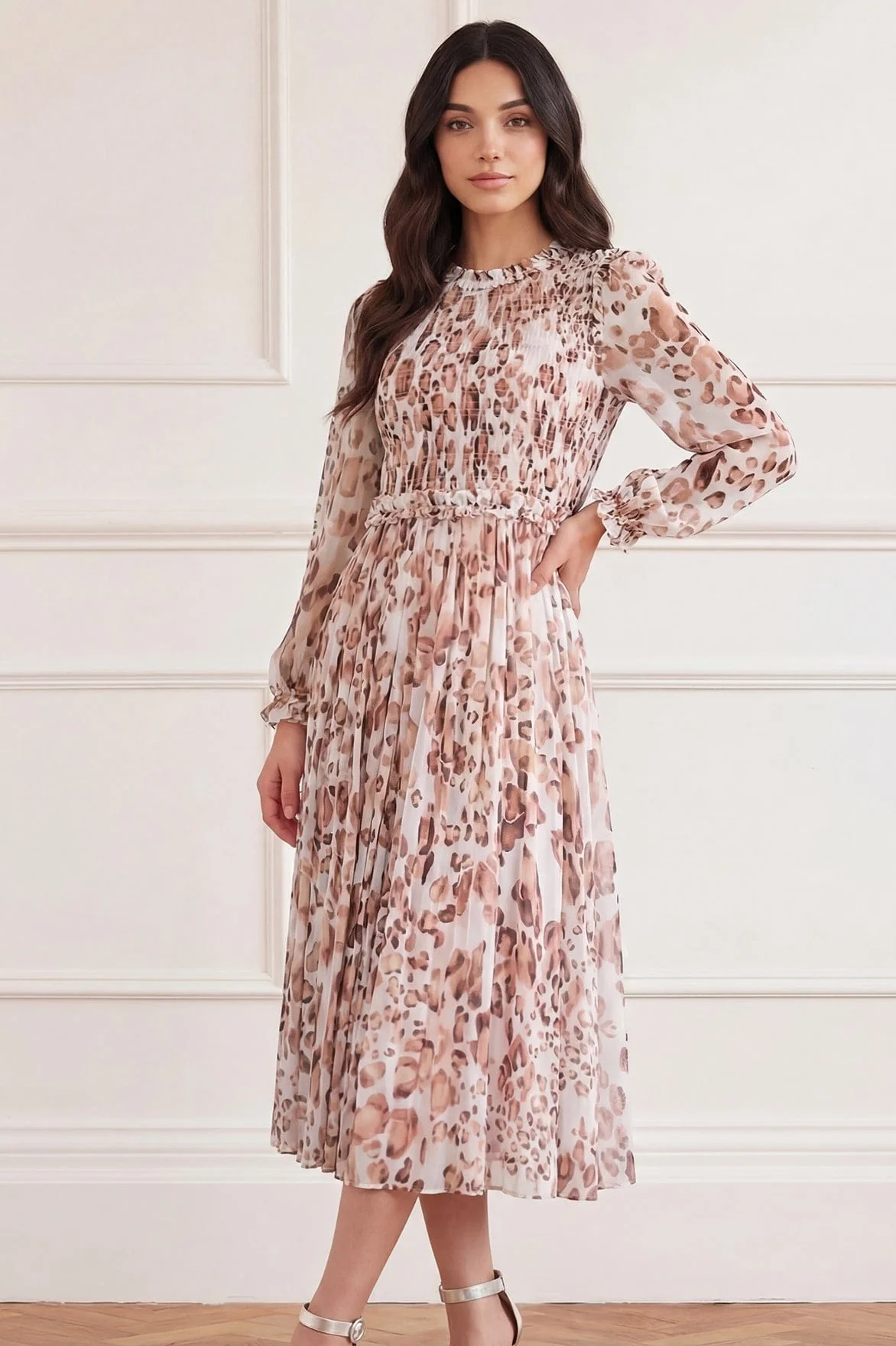 Leopard Chiffon Smocked Ballerina Dress