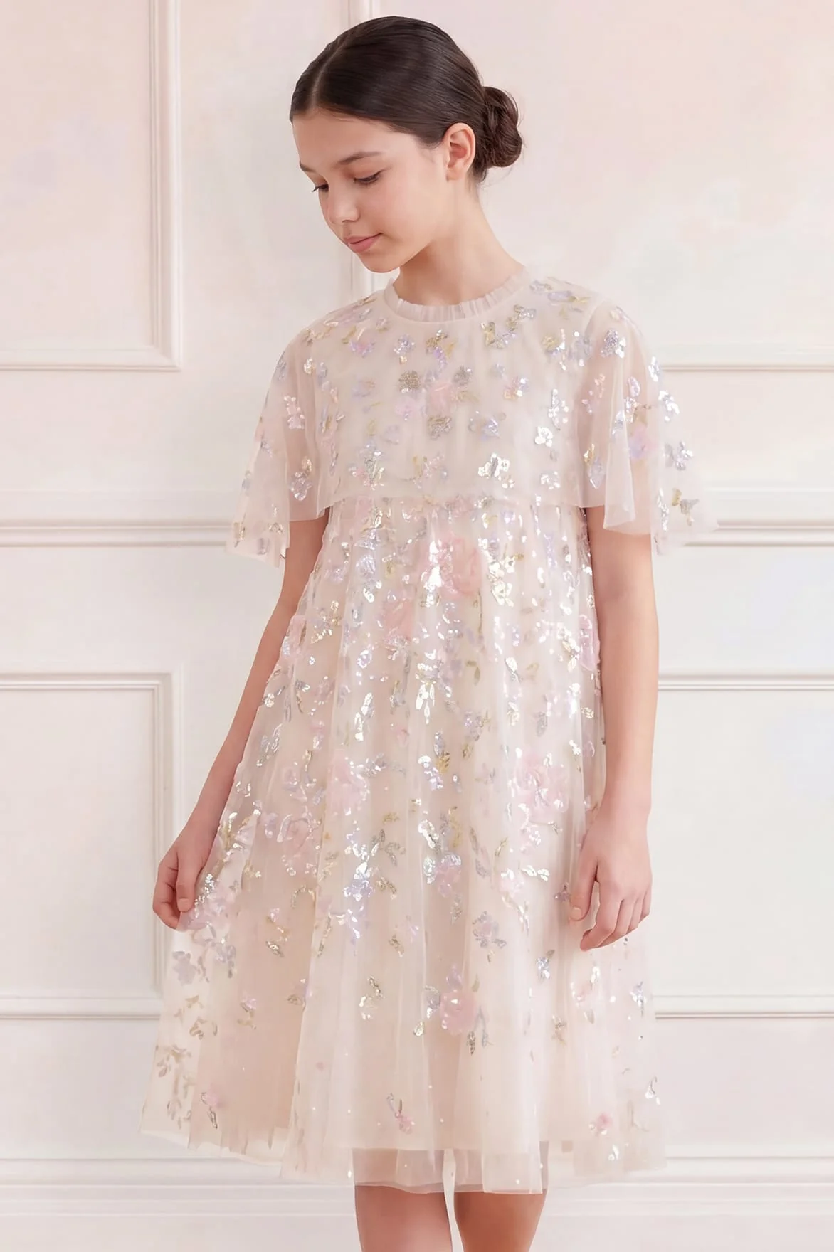 Peony Bouquet Sequin Cape Kids Dress - Image 3