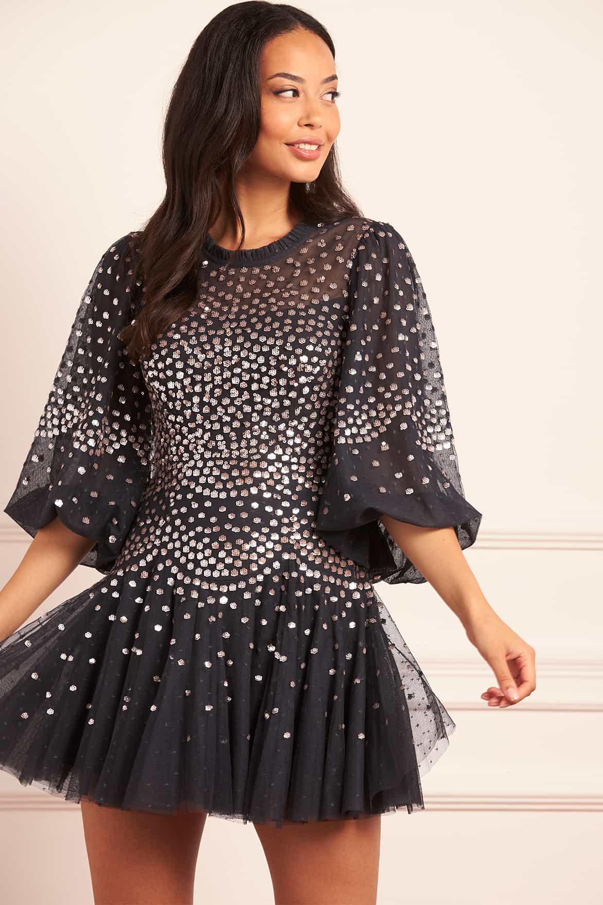 Scallop Sequin Round Neck Micro Mini Dress