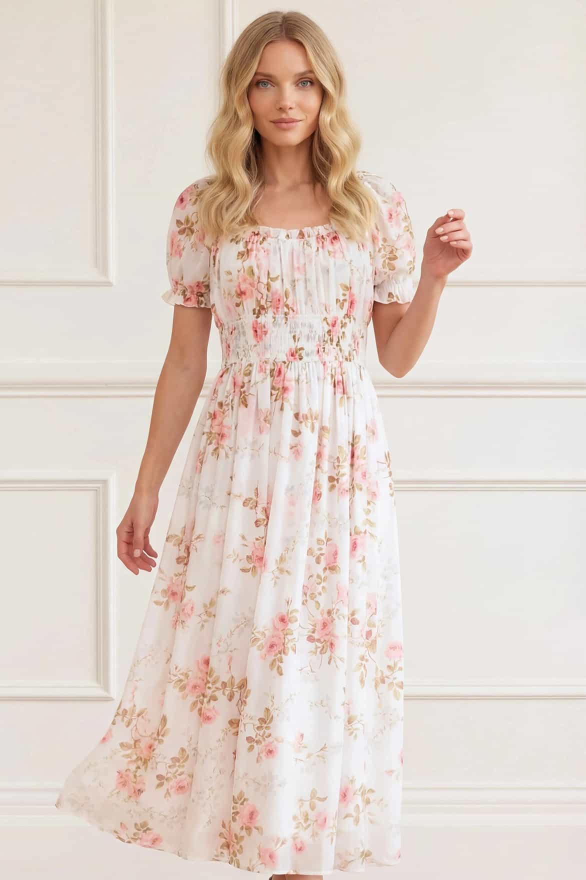 Summer's Rose Shirred Short Sleeve Ballerina Dress - Image 4